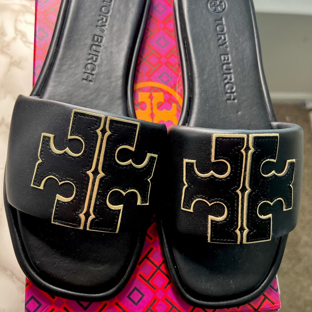 Authentic Tory Burch slides black and gold